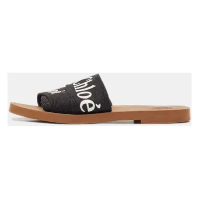 Chloe Black Canvas Embroidered Logo Woody Flat Slides Size