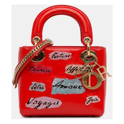 Dior Red Mini Calfskin Sequin Embellished Lady Dior Bag