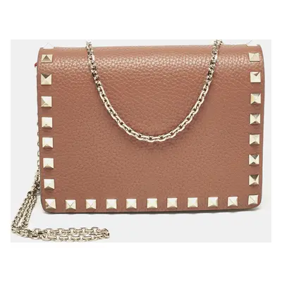 Valentino Brown Leather Rockstud Wallet On Chain