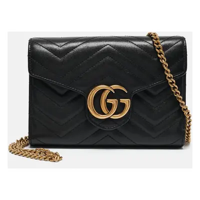 Gucci Black Matelassé Leather GG Marmont Wallet On Chain