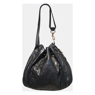 Christian Dior Black Leather Cannage Drawstring Shoulder Bag