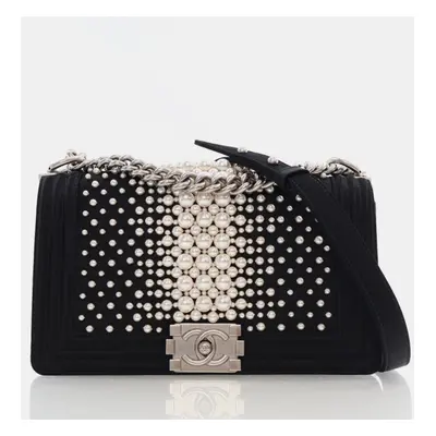 Chanel Old Medium Black Satin Pearl Embellished Boy Bag