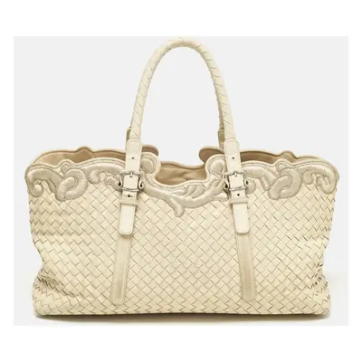 Bottega Veneta Off White Intrecciato Leather Embroidered Trim Tote