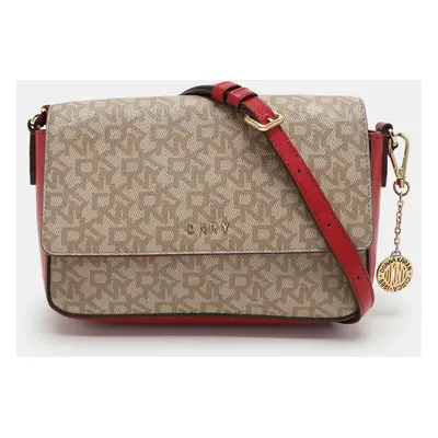 Dkny Beige/Red Signature Coated Canvas and Leather Crossbody Bag