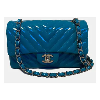 Chanel Teal Chevron Quilted Patent Leather Mini Classic Flap