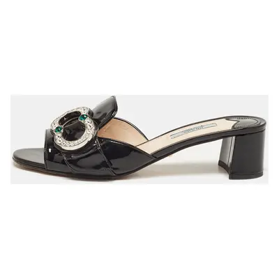 Prada Black Patent Leather Crystal Embellished Slide Sandals Size 38.5