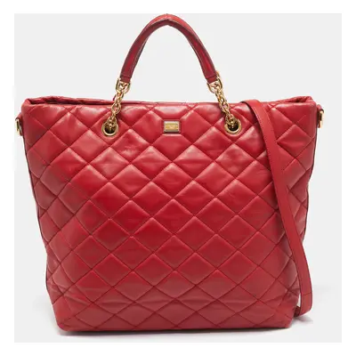 Dolce & Gabbana Red Quilted Leather Chain Shopper Tote