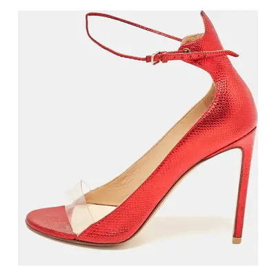 Francesco Russo Red Leather and PVC Open Toe Ankle Strap Pumps Size