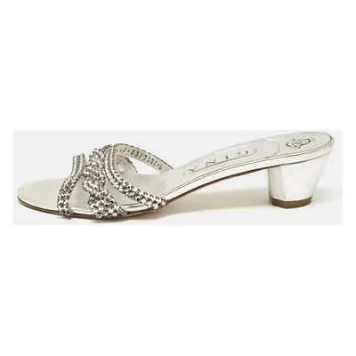 Gina Silver Leather Crystal Embellished Slide Sandals Size