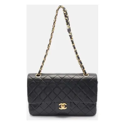 Chanel Black Lambskin Leather Double Flap Shoulder Bag