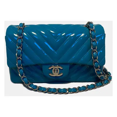 Chanel Teal Chevron Quilted Patent Leather Mini Classic Flap