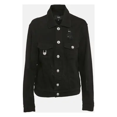 Versus Versace Black Distressed Denim Button Detail Jacket