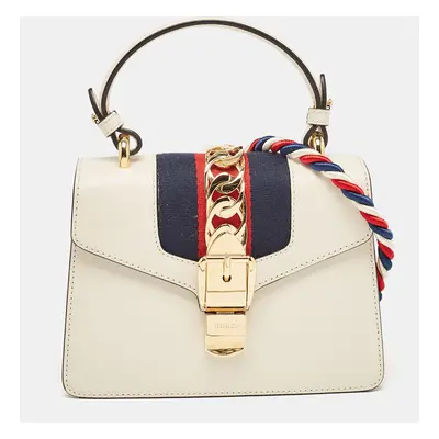 Gucci White Leather Mini Web Chain Sylvie Top Handle Bag