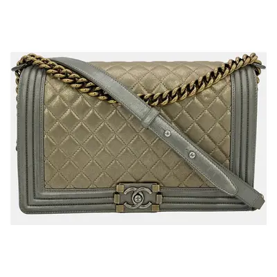 Chanel Gold Silver Leather Medium Boy Bag Classic Flap