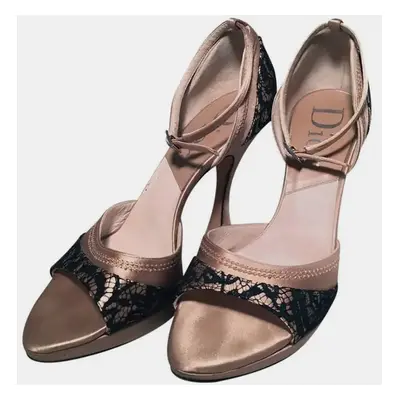 Christian Dior Blush Satin And Black Lace High Heel Ankle Strap Shoes Size