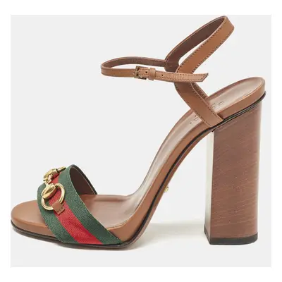 Gucci Brown Leather Web Horsebit Ankle Strap Sandals Size