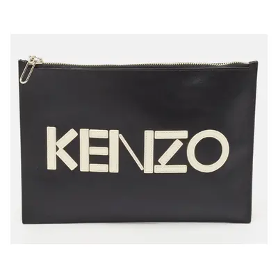 Kenzo Black Leather Logo Zipped Pouch