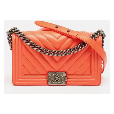 Chanel Orange Chevron Leather Medium Boy Flap Bag