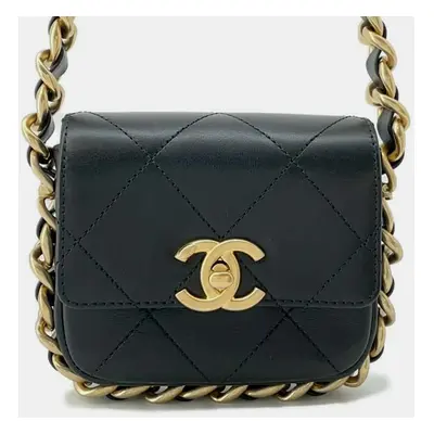 Chanel Matelasse Flap Bag Chain shoulder Bag Black Calf Leather Size Mini