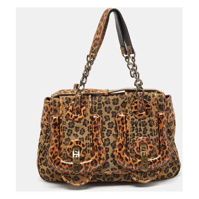 Fendi Brown Leopard Print Fabric and Patent Leather Trim B Bag