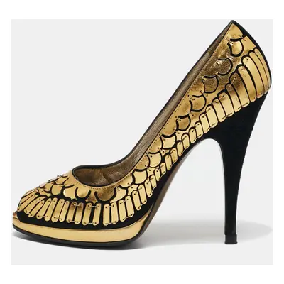 Roberto Cavalli Gold/Black Suede Leather Fish Scale Peep Toe Platform Pumps Size