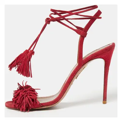 Aquazzura Red Fringed Suede Wild Thing Ankle Tie Sandals Size