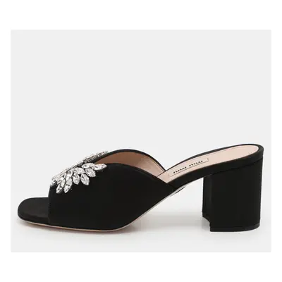 Miu Miu Black Satin Crystal Embellished Block Heel Slide Sandals Size