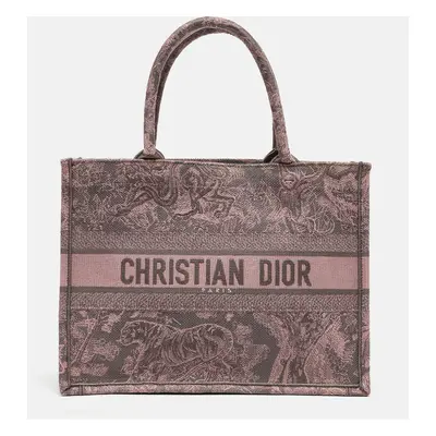 Dior Pink/Grey Toile De Jouy Embroidered Canvas Medium Book Tote