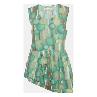 Marni Green/Multicolor Abstract Print Cotton Sleeveless Pleated Mini Dress