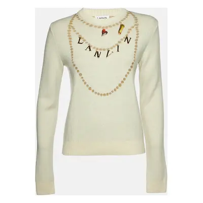 Lanvin Cream Cashmere & Wool Knit Logo Charm Detail Sweater