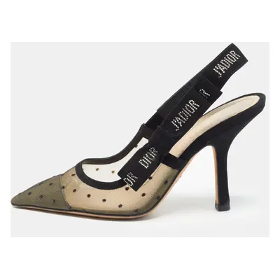 Dior Black/Beige Polka Dot Mesh and Suede J'adior Slingback Pumps Size