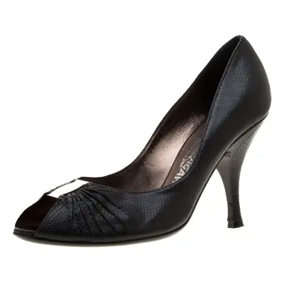 Salvatore Ferragamo Black Lizard Leather Fiberia Peep Toe Pumps Size 38.5