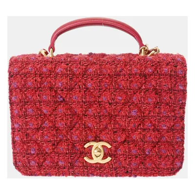 Chanel Red Tweed and Lambskin Small CC Top Handle Chain Full Flap Bag