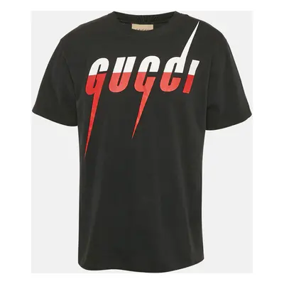 Gucci Black Logo Print Cotton Crew Neck T-Shirt