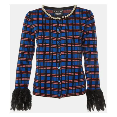 Boutique Moschino Blue Checked Knit Button Front Fringed Cardigan