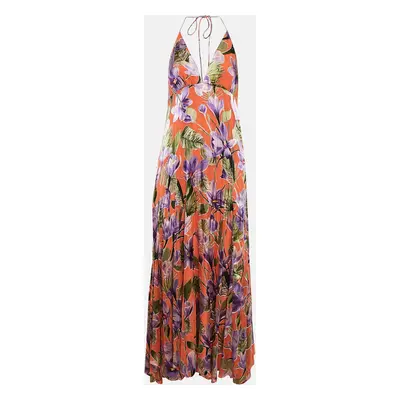 Alice + Olivia Orange Floral Print Chiffon Halter Neck Maxi Dress