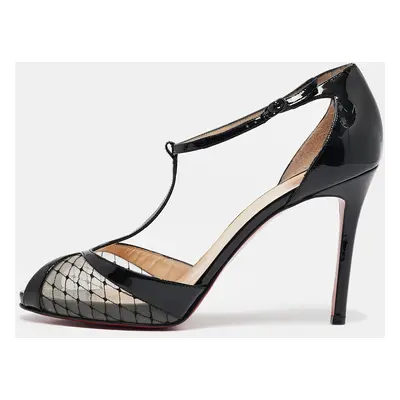 Christian Louboutin Black Lace and Mesh Chantilly T-Strap Sandals Size