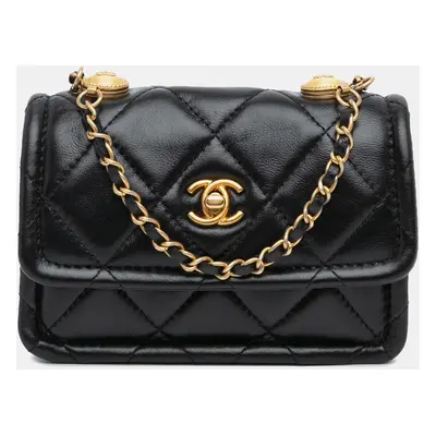 Chanel Black Lambskin Mini Button On Top Flap Bag