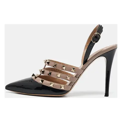 Valentino Black/Dusty Pink Leather Rockstud Caged Slingback Pumps Size