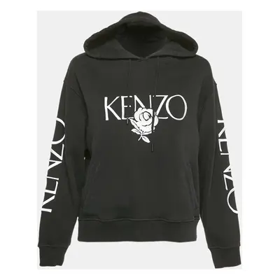 Kenzo Black Floral Logo Embroidery Cotton Hooded Sweatshirt