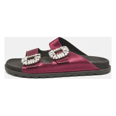 Roger Vivier Burgundy Satin Slidy Viv Flat Sandals Size