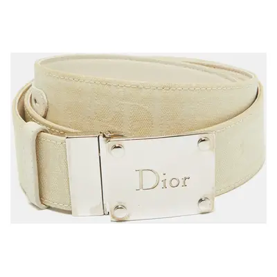 Dior Beige/White Oblique Canvas and Leather Logo Plague Reversible Belt 85CM