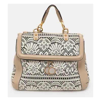 Dolce & Gabbana White/Beige Lace and Leather Large Miss Sicily Heritage Satchel