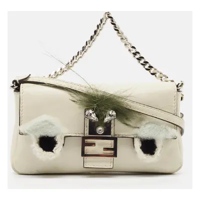 Fendi White Leather and Fur Trim Micro Buggie Baguette Crossbody Bag