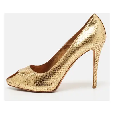 Alexander McQueen Gold Python Embossed Leather Heart Peep Toe Pumps Size 40.5