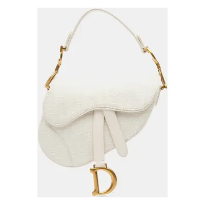 Dior White Mini Oblique Canvas Saddle Bag