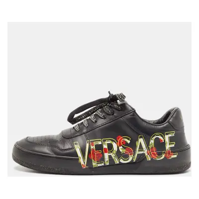 Versace Black Leather Floral Logo Low Top Sneakers Size