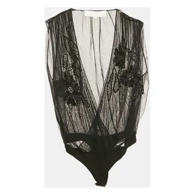 Elisabetta Franchi Gold Black Embellished Tulle Sleeveless Bodysuit