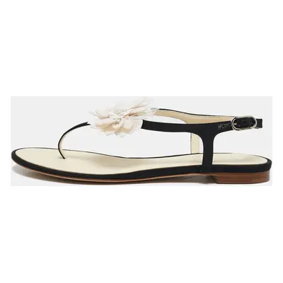 Chanel Black/White Canvas and Leather CC Camellia Flat Thong Sandals Size