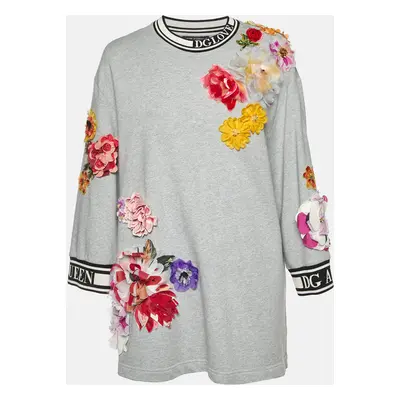 Dolce & Gabbana Grey Cotton Floral Appliqued Crew Neck Sweatshirt